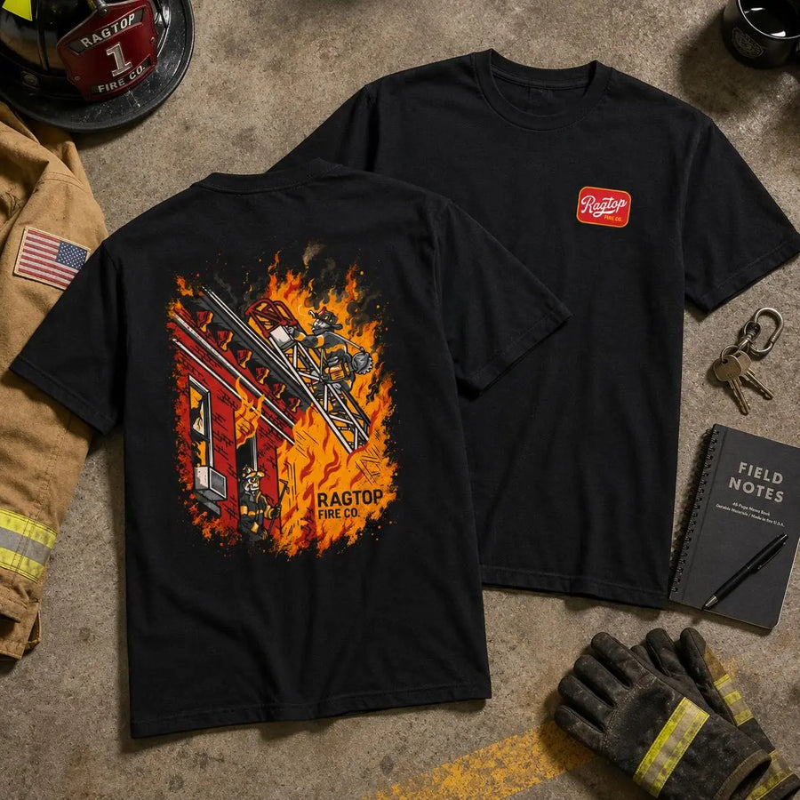 [MADE IN US] Firefighter Ladder Rescue T Shirt, Bold Burning Building And Fire Crew Graphic, Firehouse Work Shirt For Firefighters Rescue Teams And First Responders Casual Classic Cotton Man 2