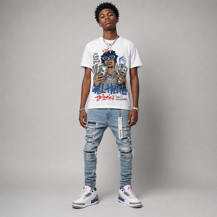 “True Blue” 3s DopeSkill T-Shirt All Hustle No Luck Graphic