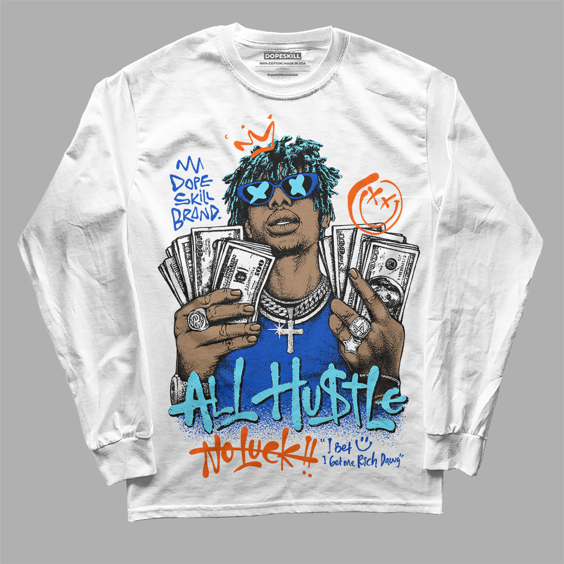Royal Blue 'All Hustle No Luck' DopeSkill Graphic Long Sleeve T-Shirt