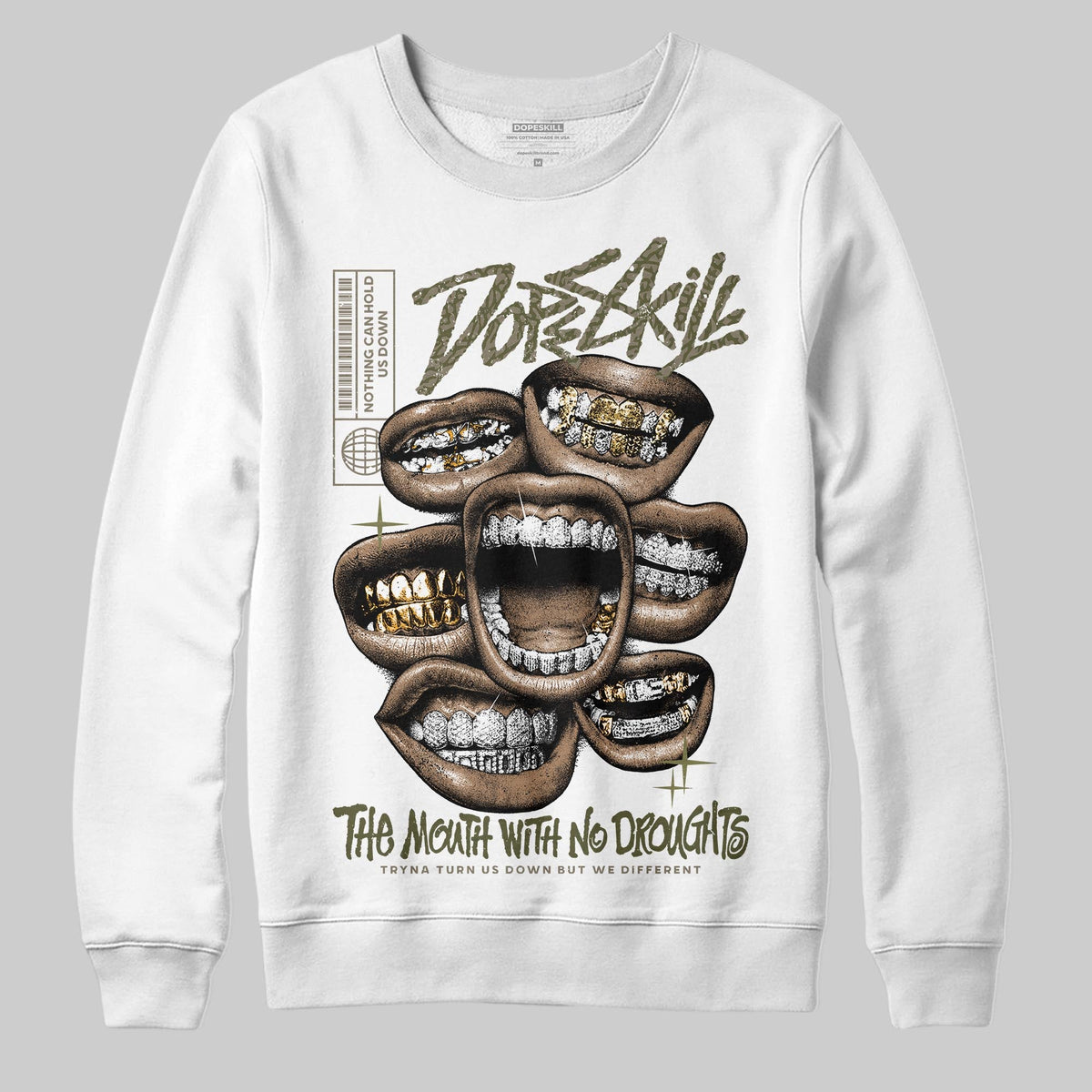 Medium Olive 3s DopeSkill Sweatshirt The Mouth With No Droughts Graphic
