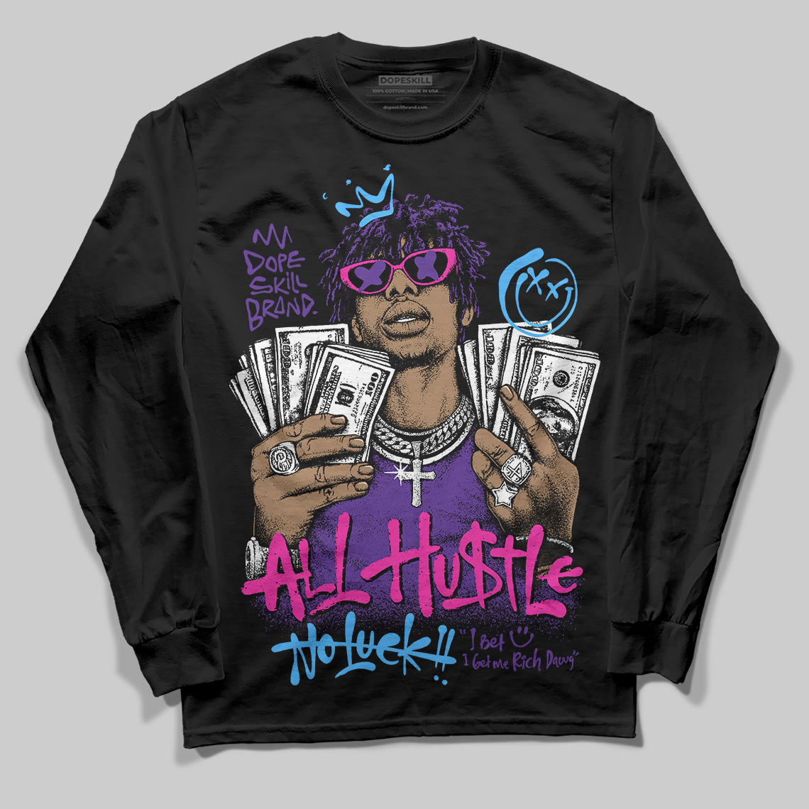 PURPLE 'All Hustle No Luck' DopeSkill Graphic Long Sleeve T-Shirt