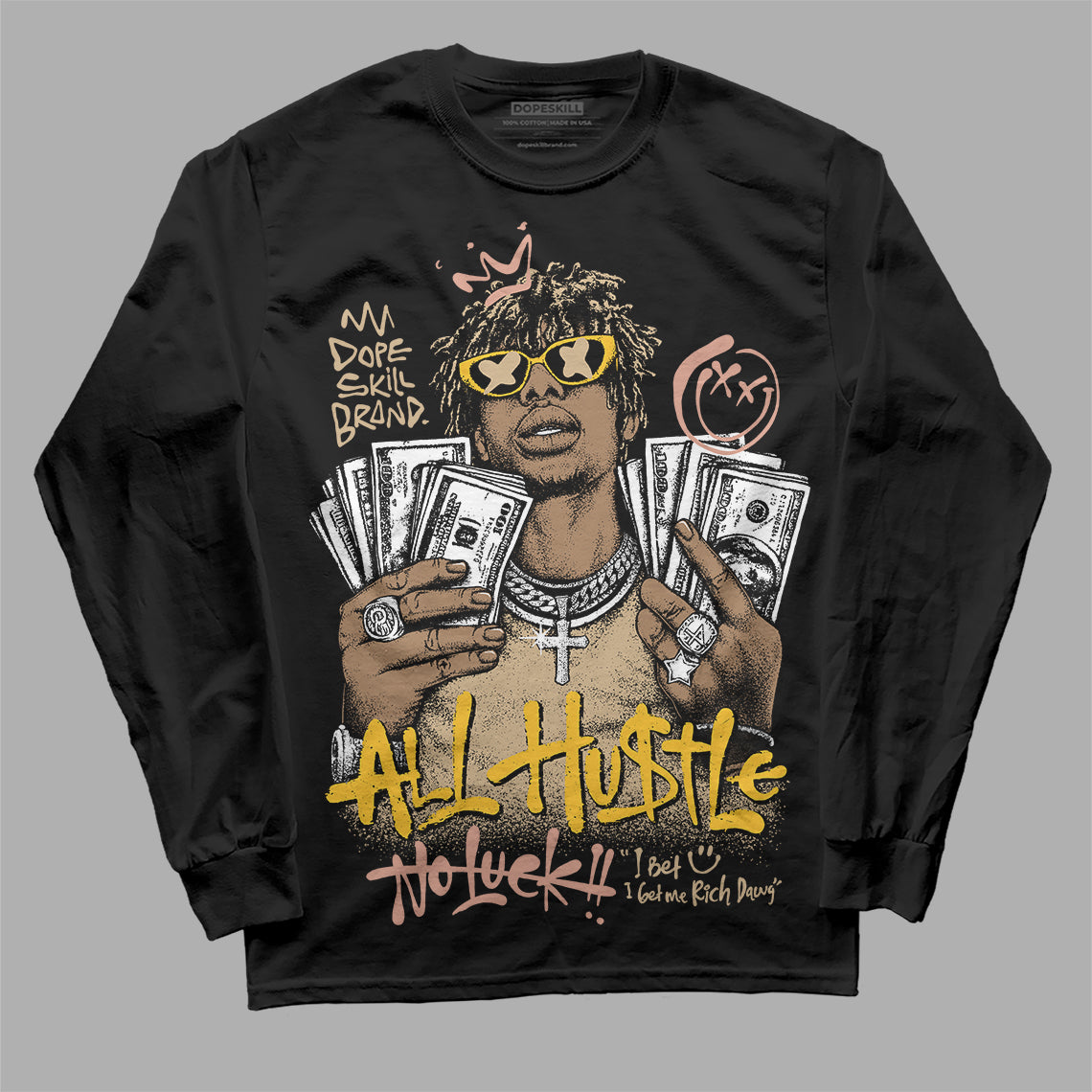 TAN 'All Hustle No Luck' DopeSkill Graphic Long Sleeve T-Shirt