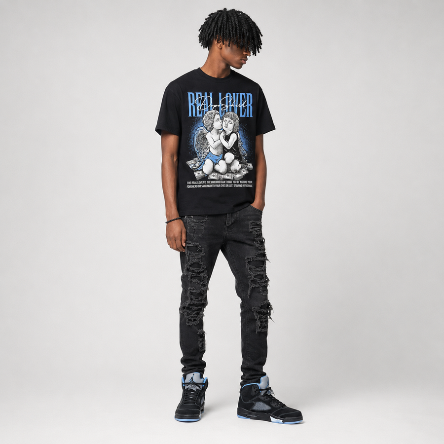 Black University Blue 5s DopeSkill T-Shirt Real Lover Graphic