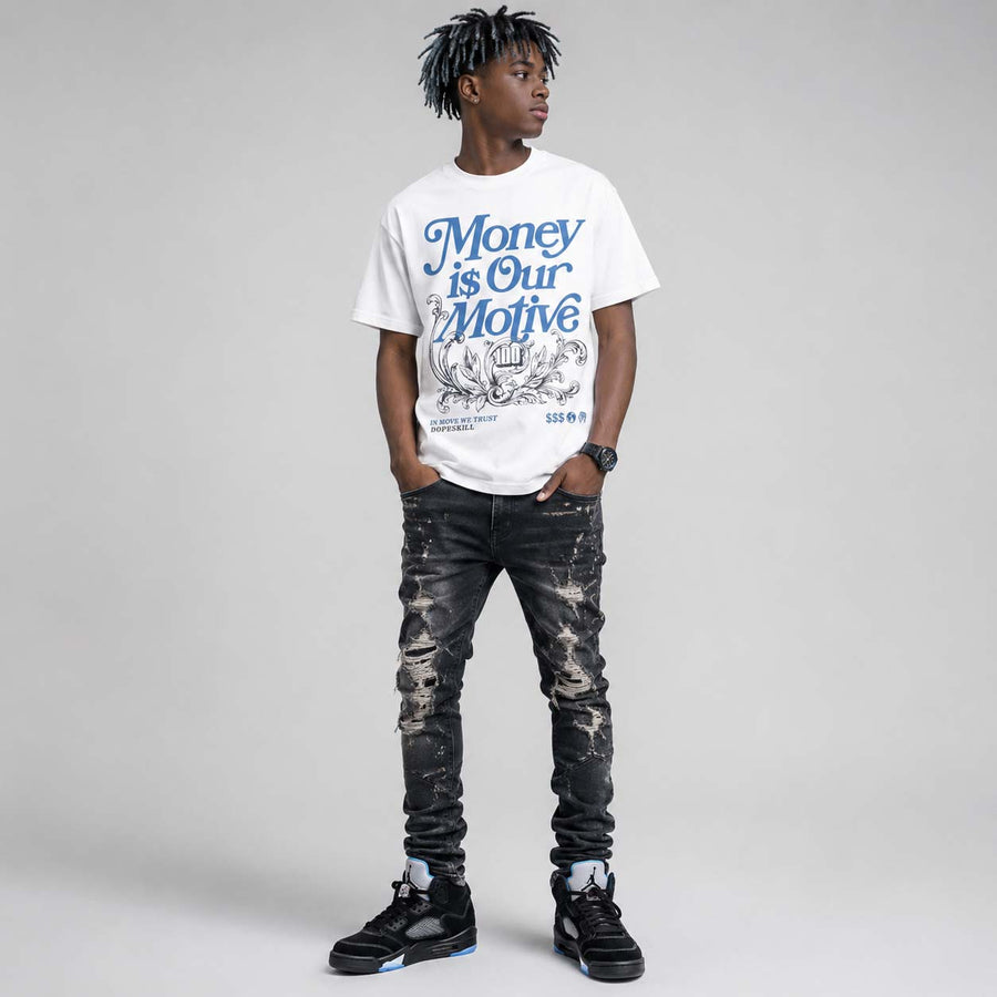 Black University Blue 5s DopeSkill T-Shirt Money Is Our Motive Typo Graphic