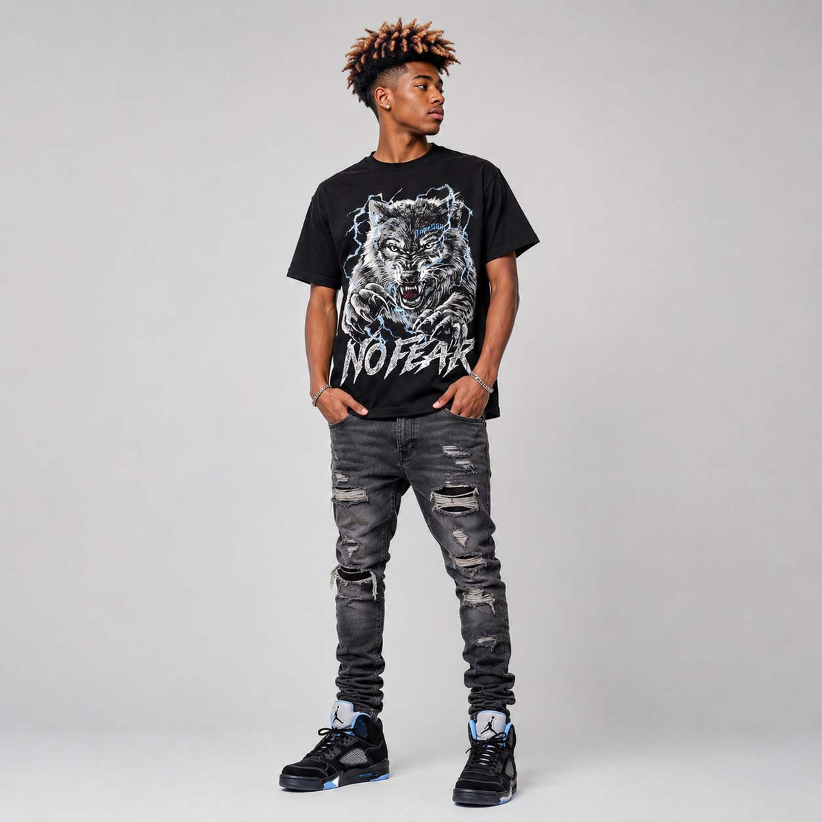 Black University Blue 5s DopeSkill T-Shirt No Fear Graphic