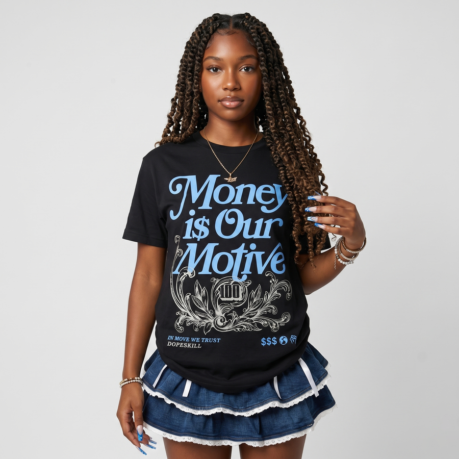 Black University Blue 5s DopeSkill T-Shirt Money Is Our Motive Typo Graphic