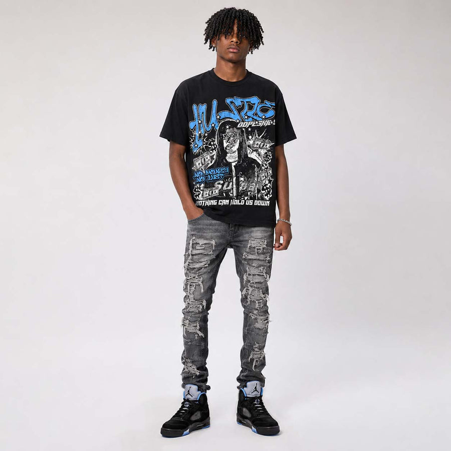 Black University Blue 5s DopeSkill Oversize Print T-Shirt No Money No Lust Graphic