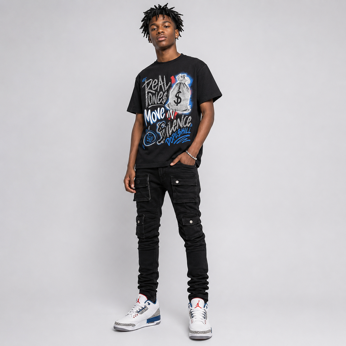 “True Blue” 3s DopeSkill T-Shirt Real Ones Move In Silence Graphic