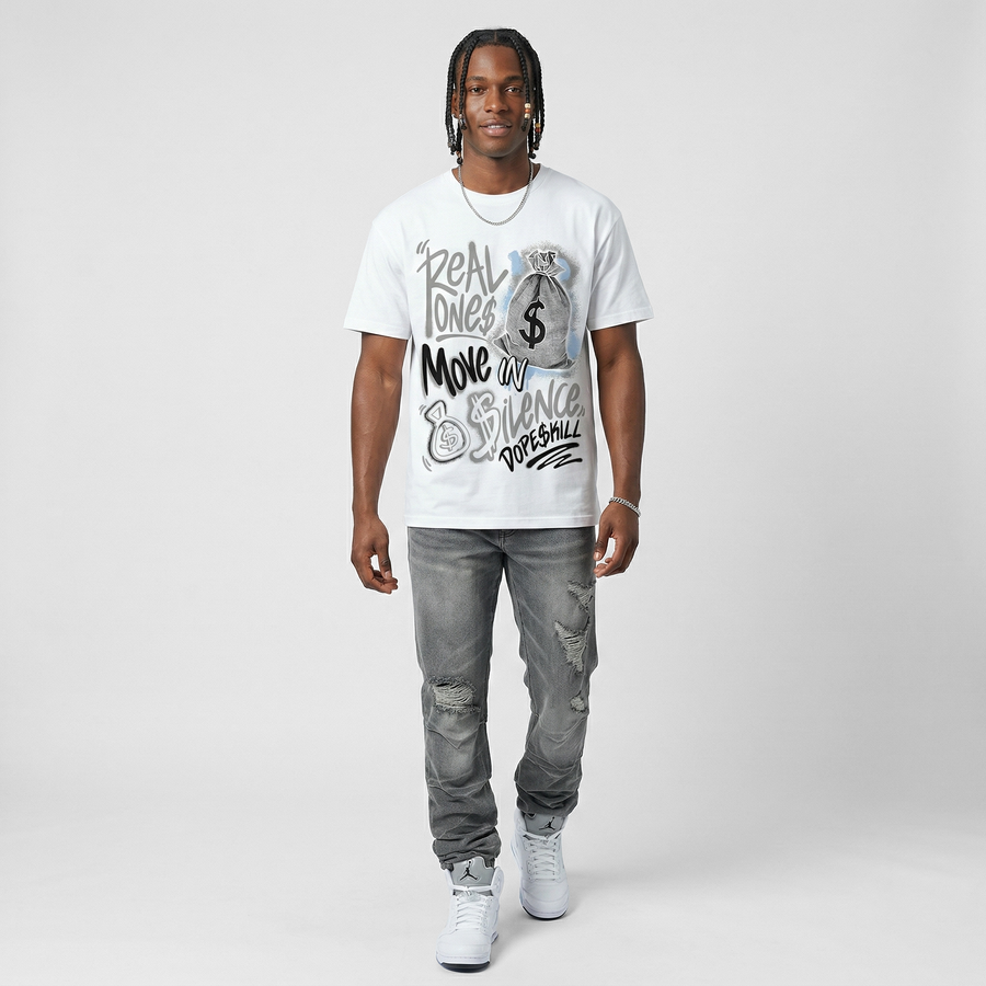 White Metallic 5s DopeSkill T-Shirt Real Ones Move In Silence Graphic