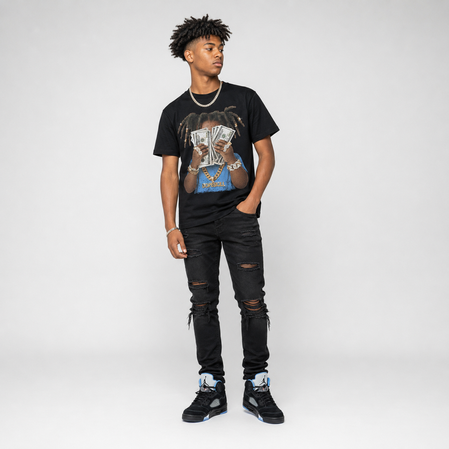 Black University Blue 5s DopeSkill T-Shirt Rich Youth Graphic