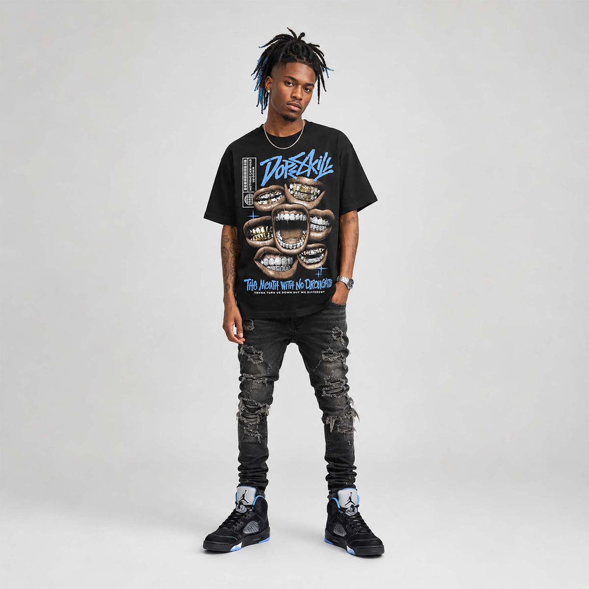 Black University Blue 5s DopeSkill T-Shirt The Mouth With No Droughts Graphic