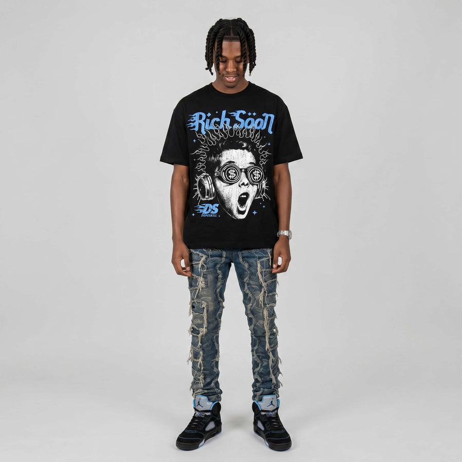 Black University Blue 5s DopeSkill Oversize Print T-Shirt Rich Soon Graphic