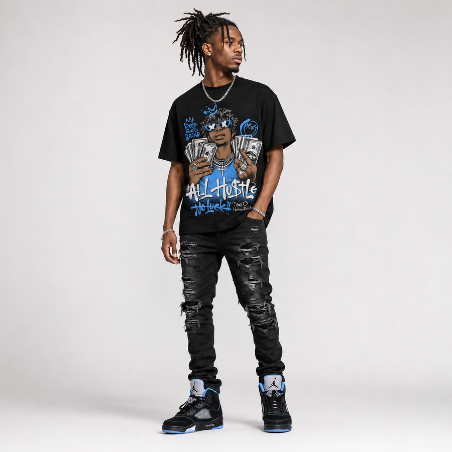 Black University Blue 5s DopeSkill T-Shirt All Hustle No Luck Graphic
