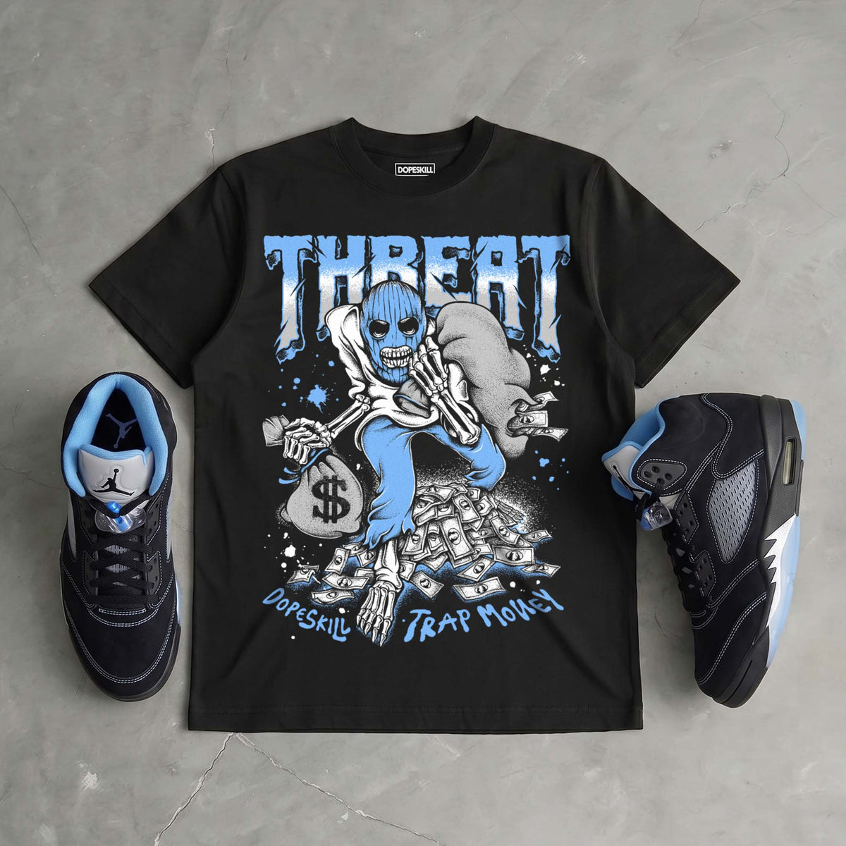 Black University Blue 5s DopeSkill T-Shirt Threat Graphic