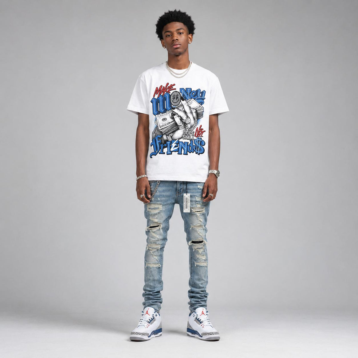 “True Blue” 3s DopeSkill T-Shirt Make Money Not Friends Graphic