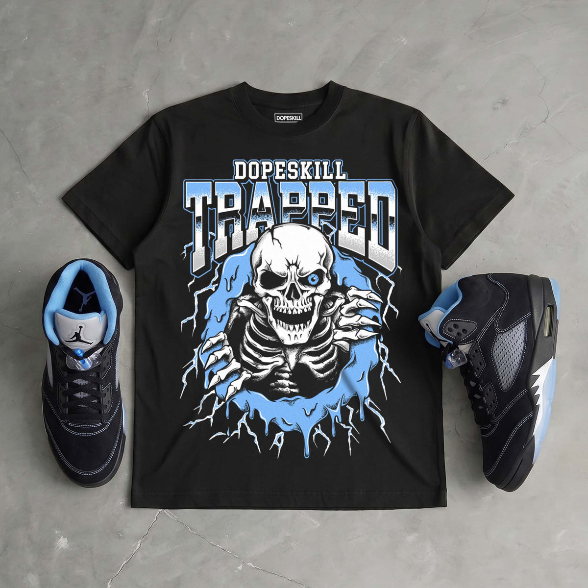 Black University Blue 5s DopeSkill T-Shirt Trapped Halloween Graphic