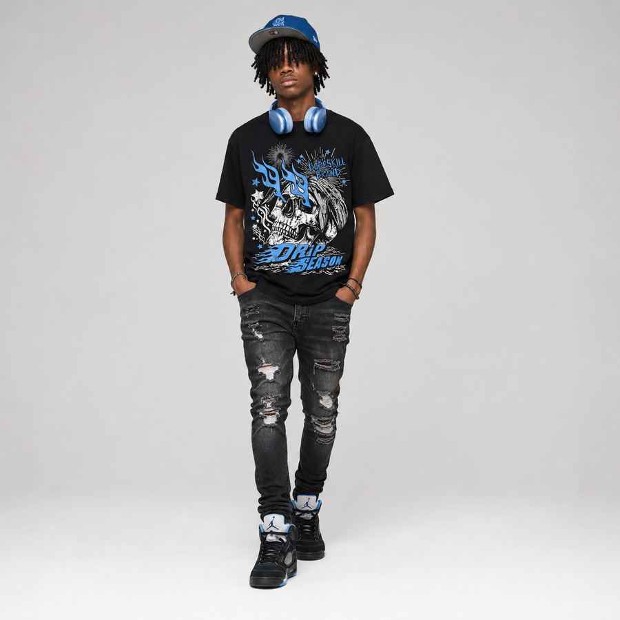 Black University Blue 5s DopeSkill T-Shirt Drip Season Graphic