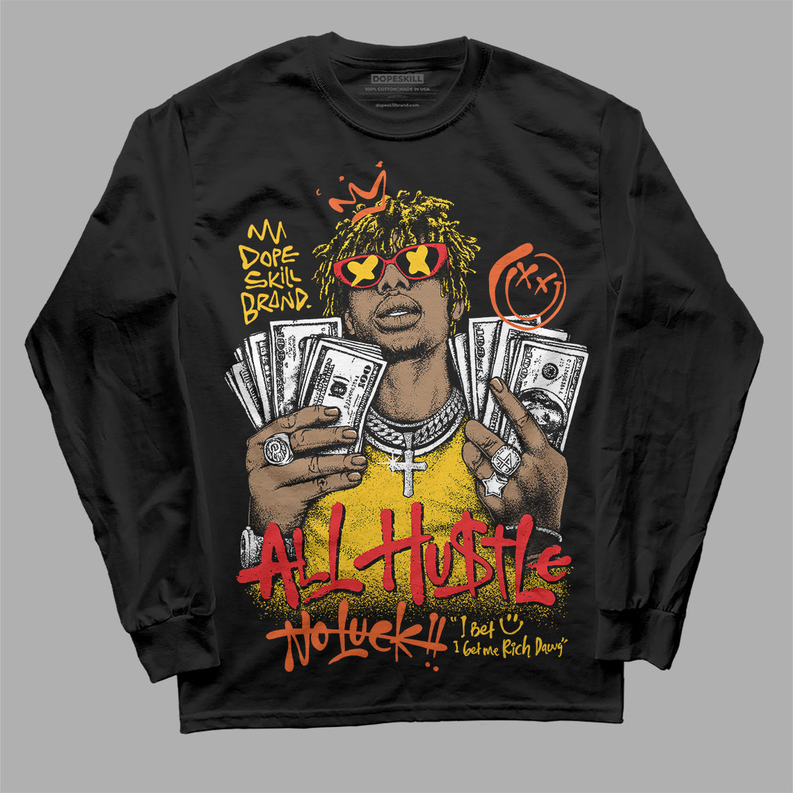 Yellow 'All Hustle No Luck' DopeSkill Graphic Long Sleeve T-Shirt