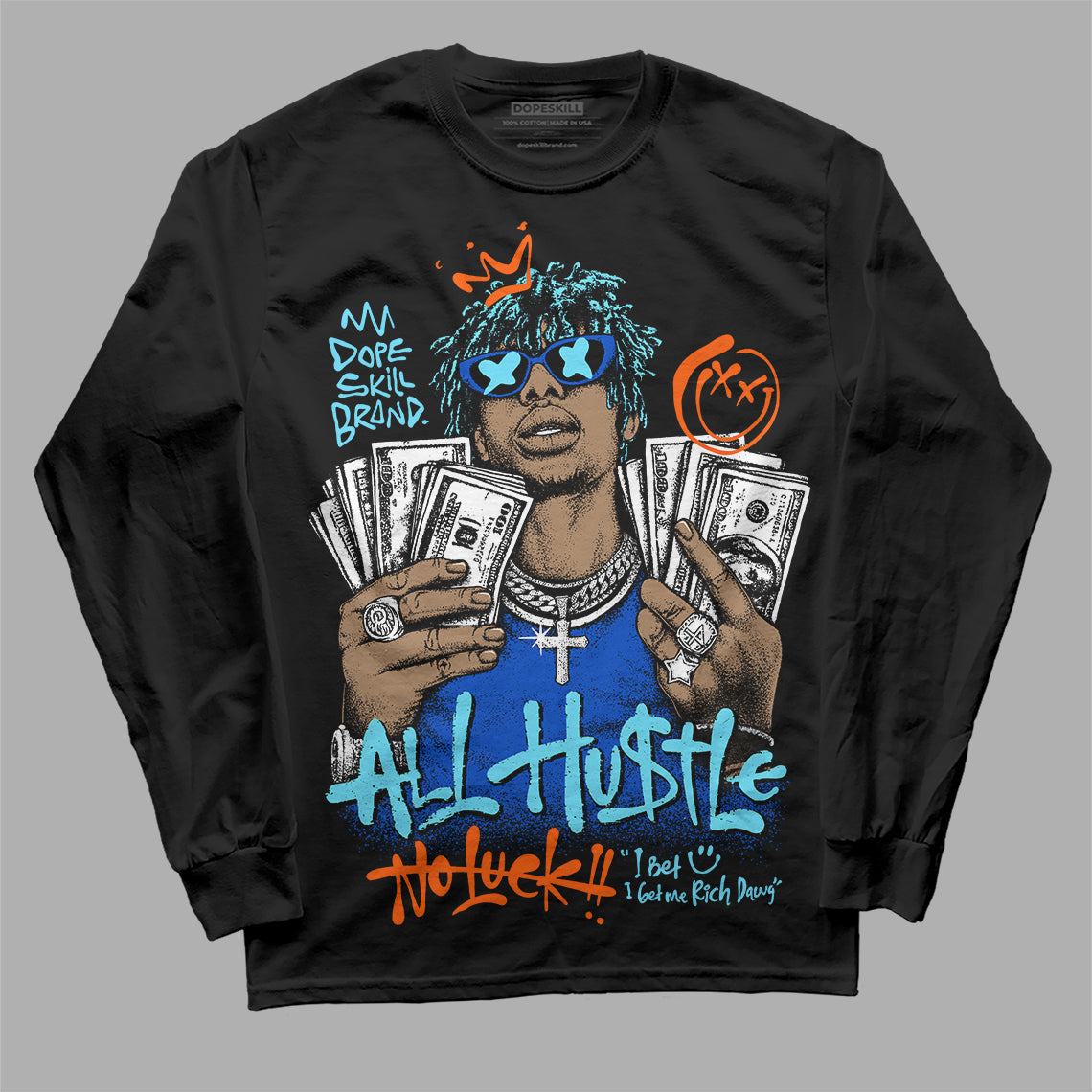 Royal Blue 'All Hustle No Luck' DopeSkill Graphic Long Sleeve T-Shirt