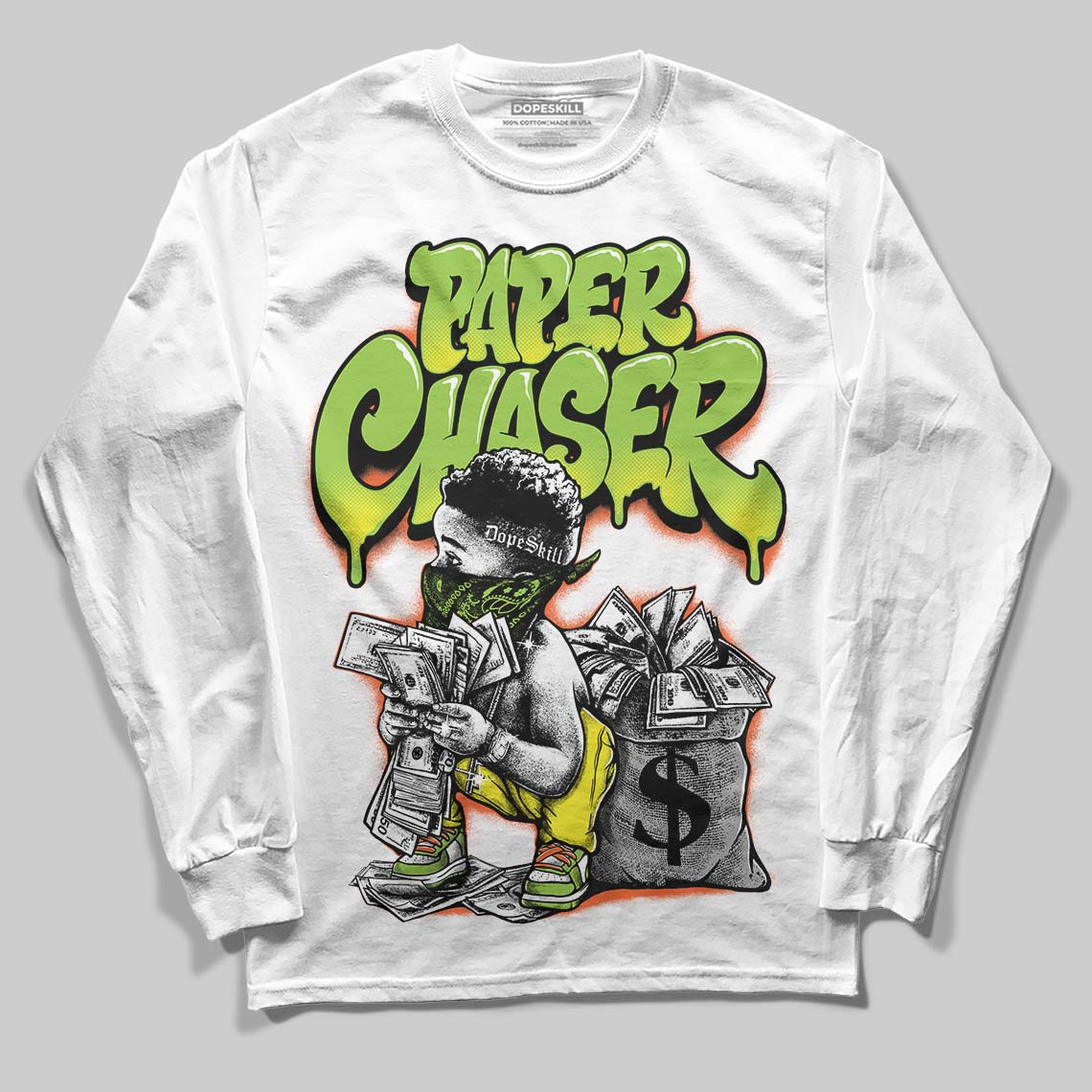 Neon Green 'Paper Chaser Boy' DopeSkill Graphic Long Sleeve T-Shirt