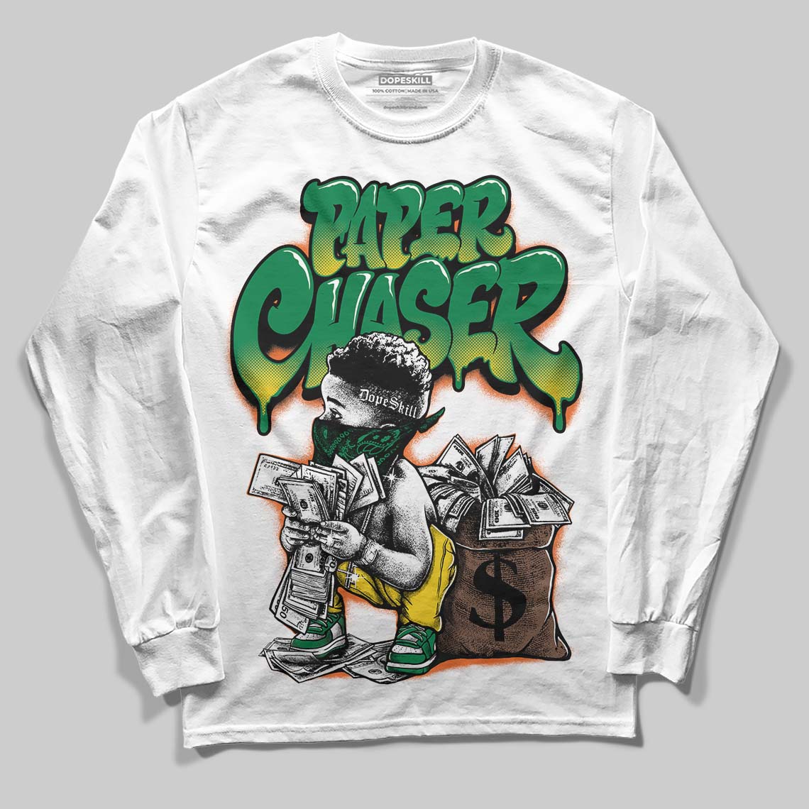 Green 'Paper Chaser Boy' DopeSkill Graphic Long Sleeve T-Shirt
