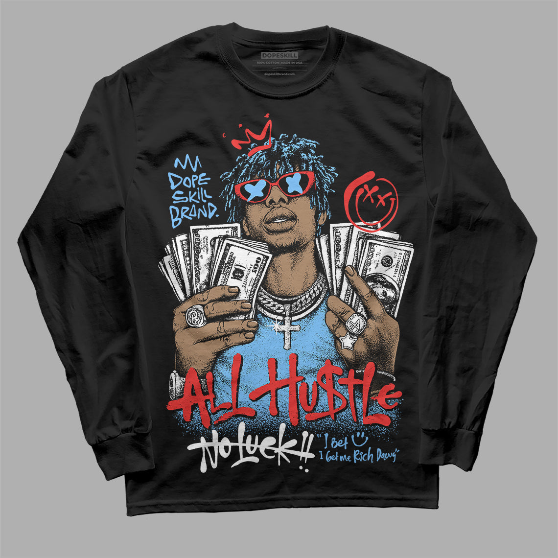 University Blue 'All Hustle No Luck' DopeSkill Graphic Long Sleeve T-Shirt