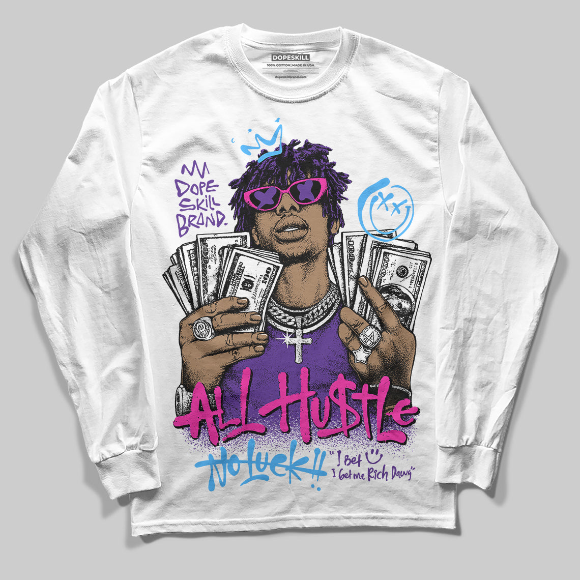 PURPLE 'All Hustle No Luck' DopeSkill Graphic Long Sleeve T-Shirt