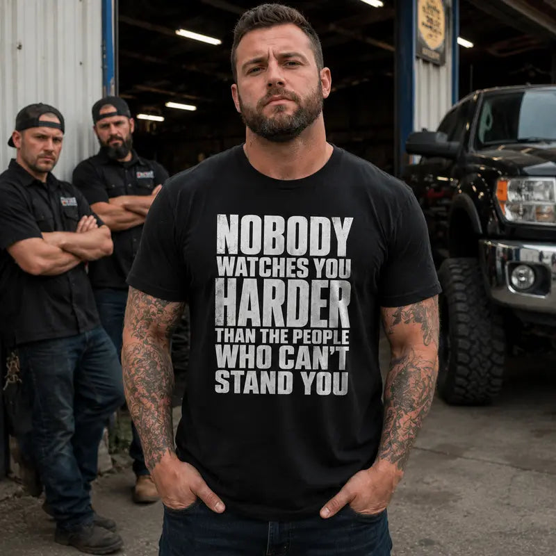 Men’s Bold Letters Sarcastic Hater Quote T-Shirt - Mens Clothing, Casual Wear, Black Short-Sleeve Crew Neck, Funny "Nobody Watches You Harder Than the People Who Can’t Stand You" Graphic, Unique Gifts for Man, Confidence Statement Casual Top