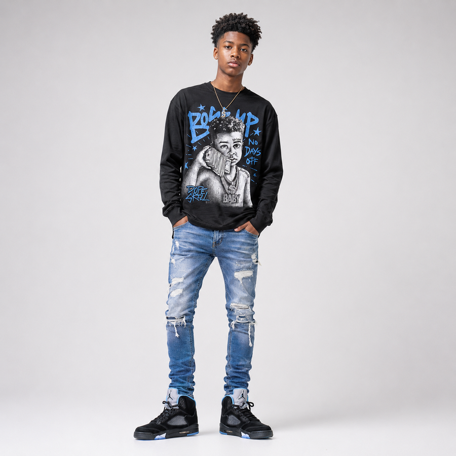 Black University Blue 5s DopeSkill Long Sleeve T-Shirt Boss Up Graphic