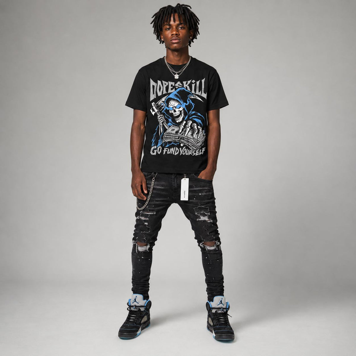 Black University Blue 5s DopeSkill T-Shirt Go Fund Yourself Graphic