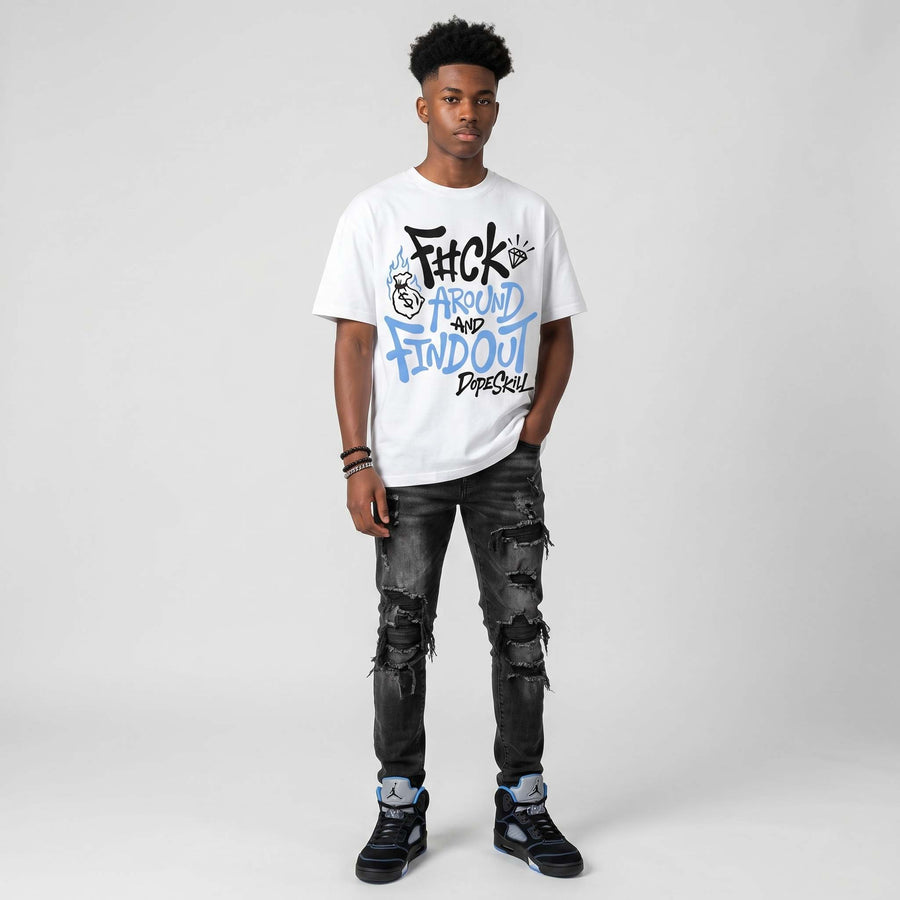 Black University Blue 5s DopeSkill T-Shirt F#ck Around And Find Out Graphic