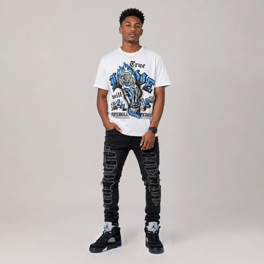 Black University Blue 5s DopeSkill T-Shirt True Love Will Kill You Graphic