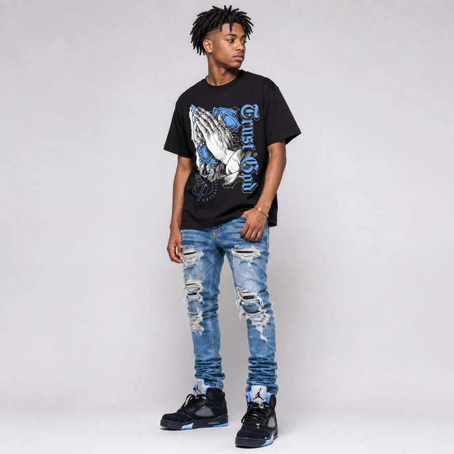 Black University Blue 5s DopeSkill T-Shirt Trust God Graphic