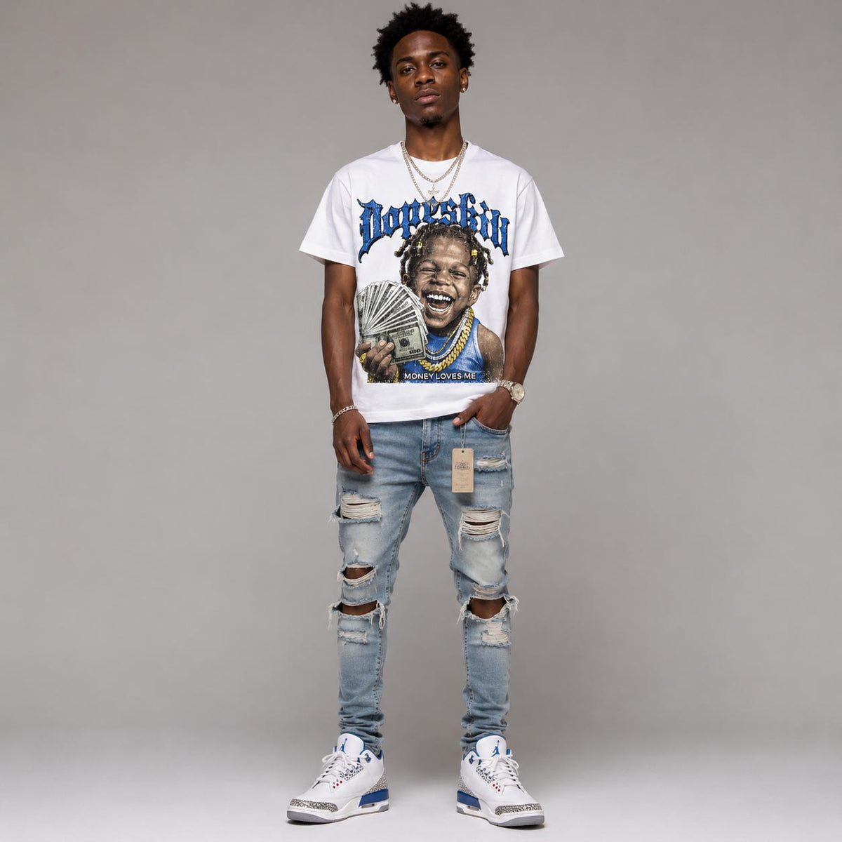 “True Blue” 3s DopeSkill T-Shirt Money Loves Me Graphic