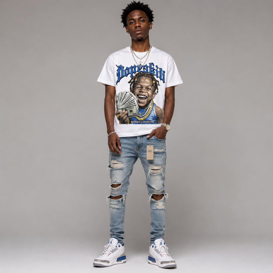“True Blue” 3s DopeSkill T-Shirt Money Loves Me Graphic
