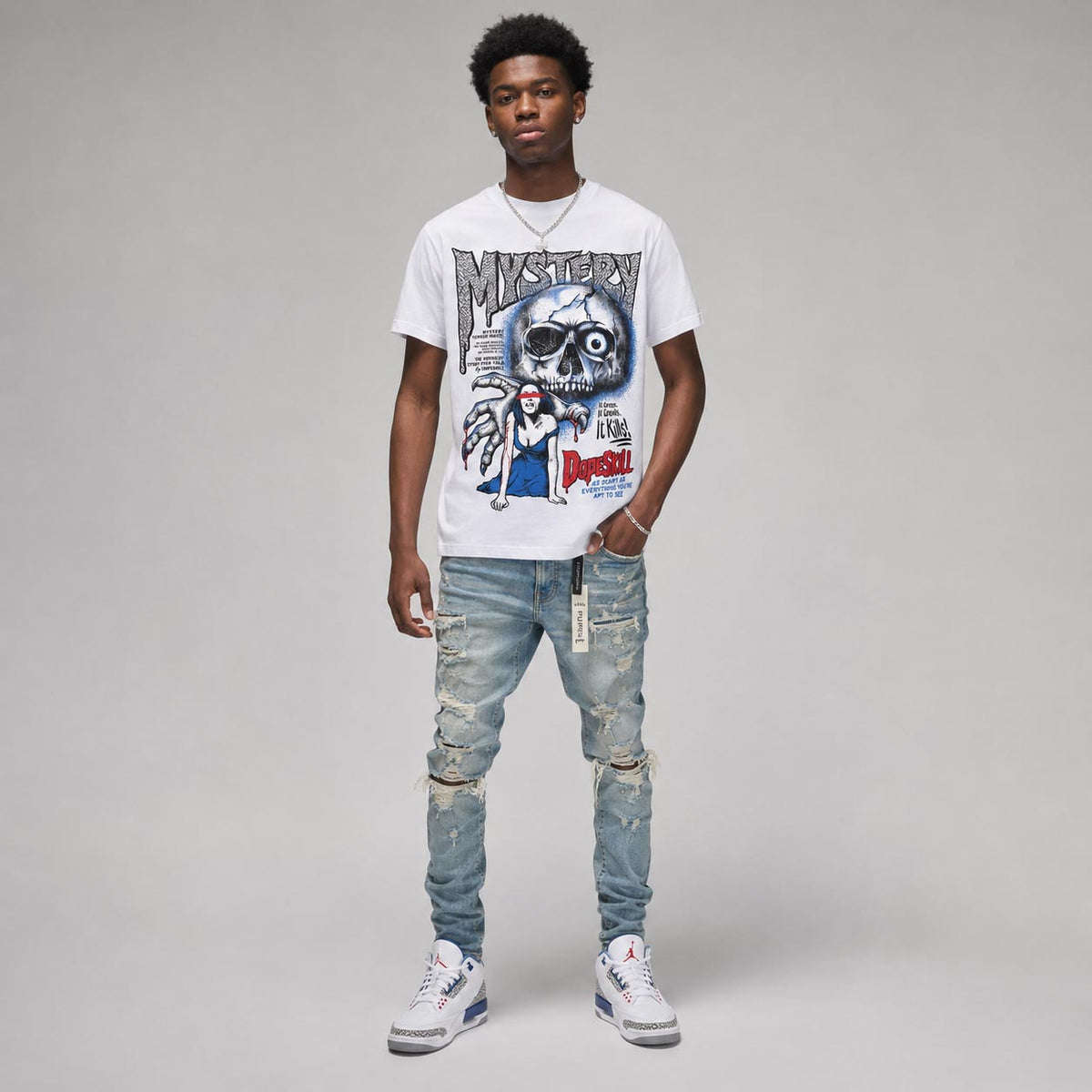 “True Blue” 3s DopeSkill T-Shirt Mystery Ghostly Grasp Graphic