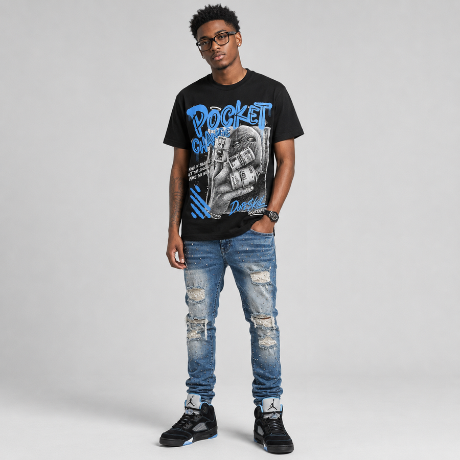 Black University Blue 5s DopeSkill T-Shirt Pocket Change Graphic