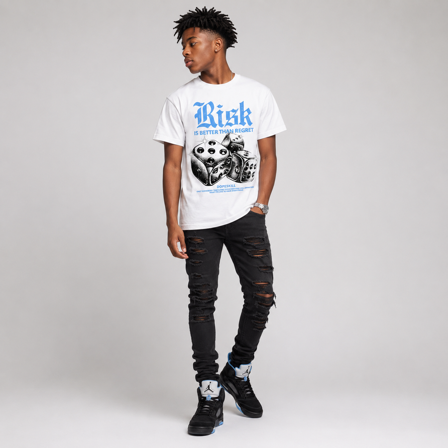 Black University Blue 5s DopeSkill T-Shirt Risk Is Better Than Regret Graphic