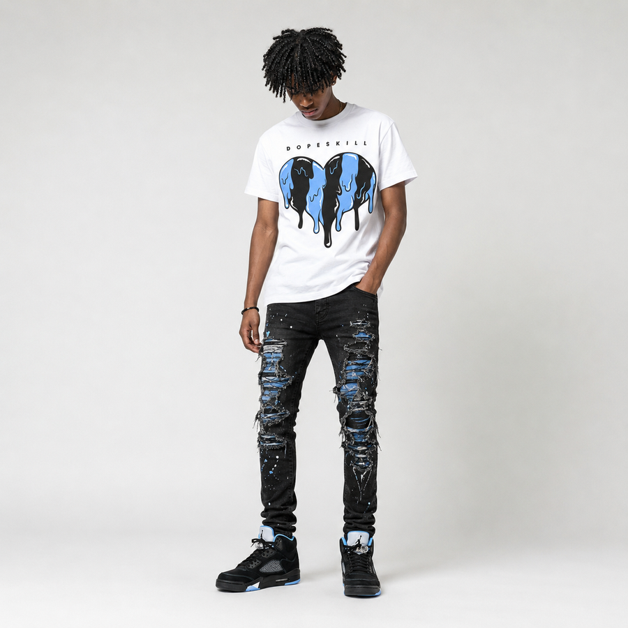Black University Blue 5s DopeSkill T-Shirt Slime Drip Heart Graphic