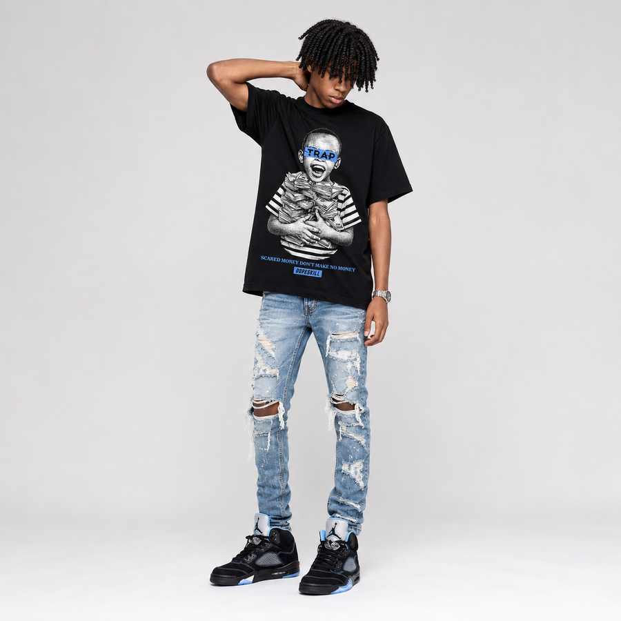 Black University Blue 5s DopeSkill T-Shirt Scared Money Don't Make No Money Graphic