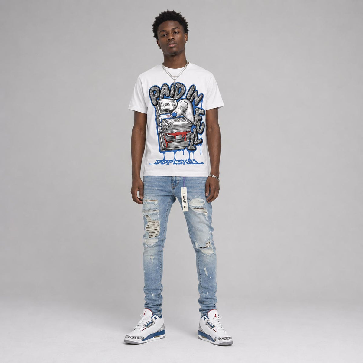 “True Blue” 3s DopeSkill T-Shirt Paid In Full Graphic