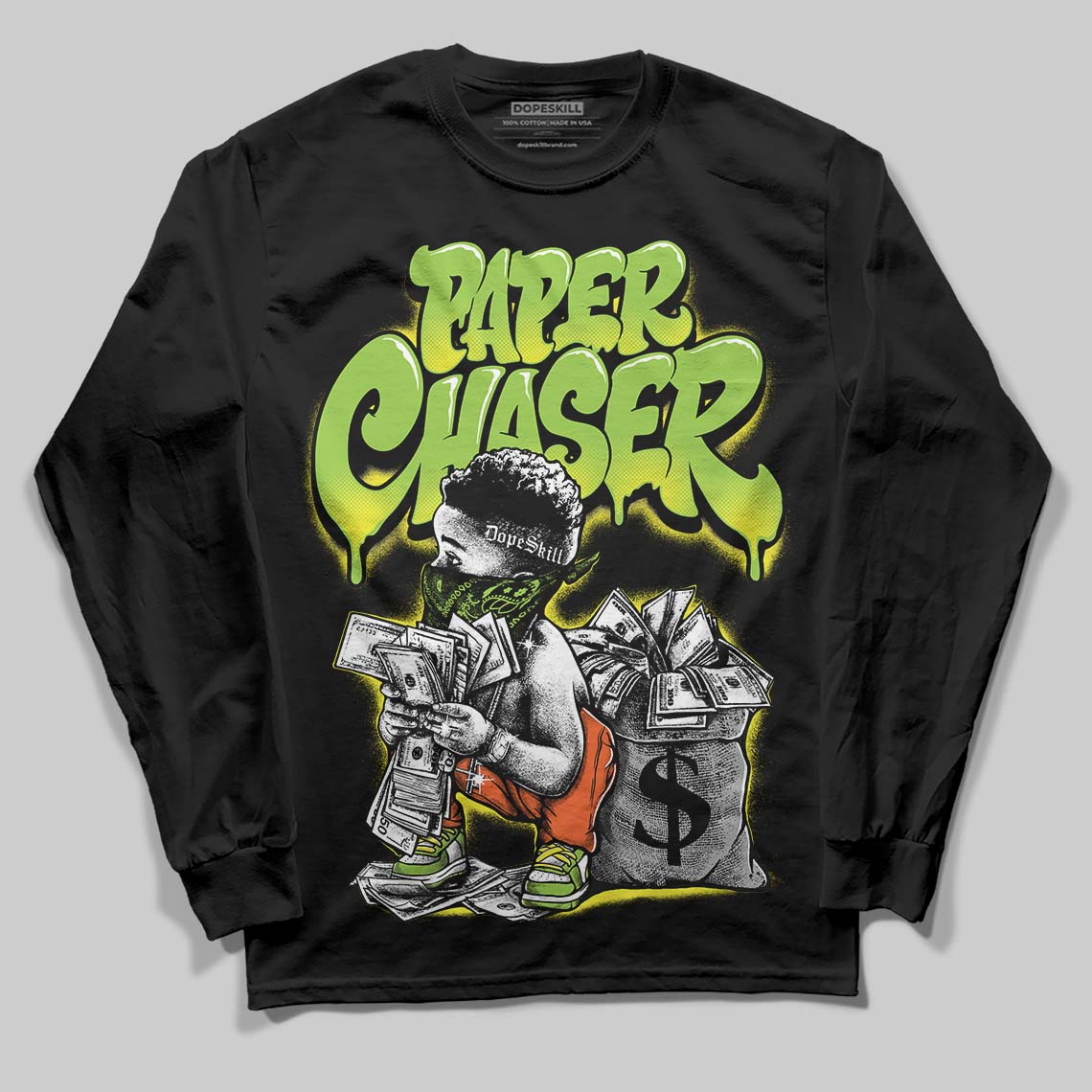 Neon Green 'Paper Chaser Boy' DopeSkill Graphic Long Sleeve T-Shirt