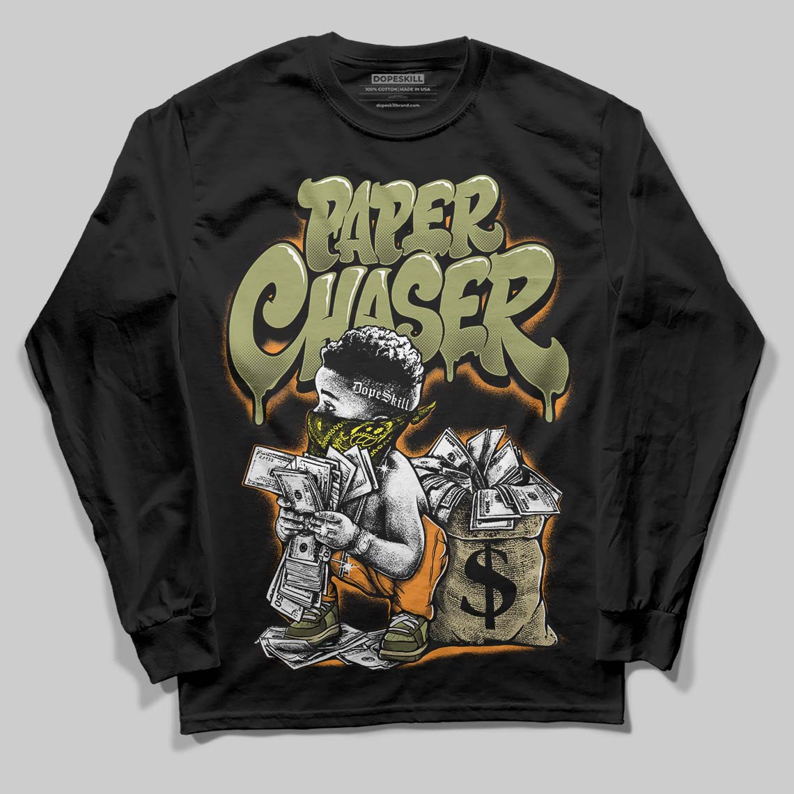 Olive 'Paper Chaser Boy' DopeSkill Graphic Long Sleeve T-Shirt