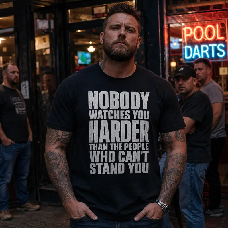 Men’s Bold Letters Sarcastic Hater Quote T-Shirt - Mens Clothing, Casual Wear, Black Short-Sleeve Crew Neck, Funny "Nobody Watches You Harder Than the People Who Can’t Stand You" Graphic, Unique Gifts for Man, Confidence Statement Casual Top