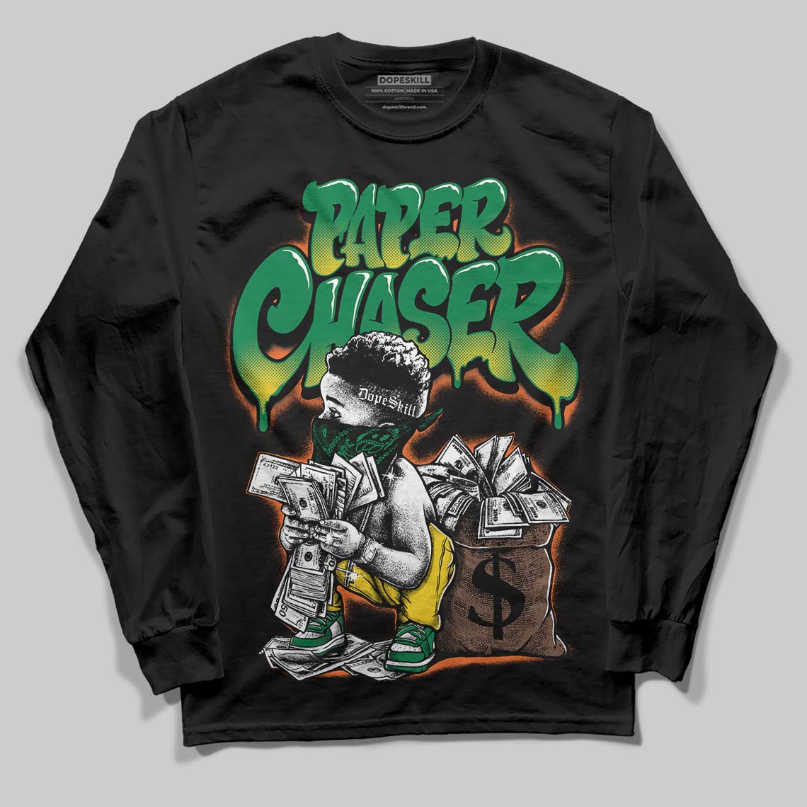 Green 'Paper Chaser Boy' DopeSkill Graphic Long Sleeve T-Shirt