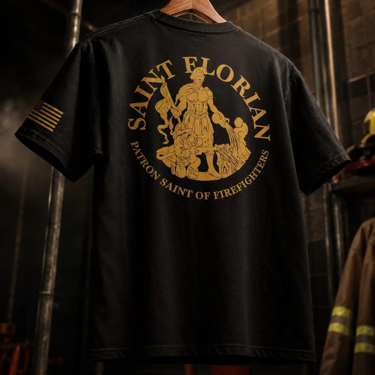 [MADE IN US] Men's Seamless Cotton Short Sleeve Tops - Patron Saint Florian Firefighter Basic Tee with 2-Sided Gold Graphic, Multi-Size Appreciation Gift for First Responders 3