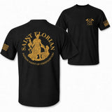 [MADE IN US] Men's Seamless Cotton Short Sleeve Tops - Patron Saint Florian Firefighter Basic Tee with 2-Sided Gold Graphic, Multi-Size Appreciation Gift for First Responders