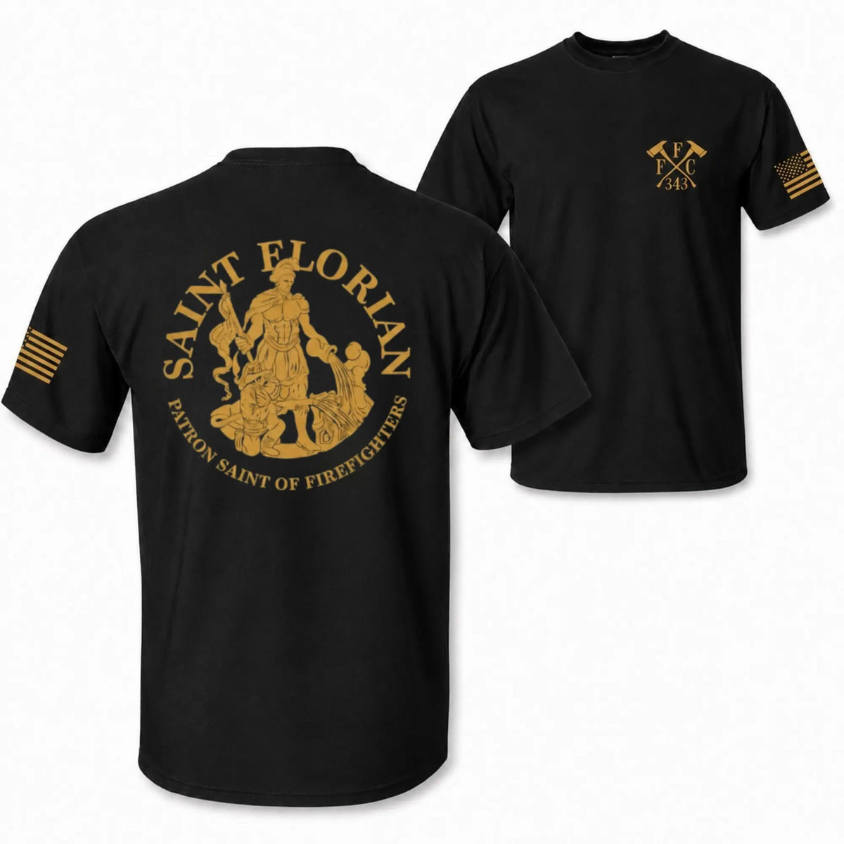 [MADE IN US] Men's Seamless Cotton Short Sleeve Tops - Patron Saint Florian Firefighter Basic Tee with 2-Sided Gold Graphic, Multi-Size Appreciation Gift for First Responders