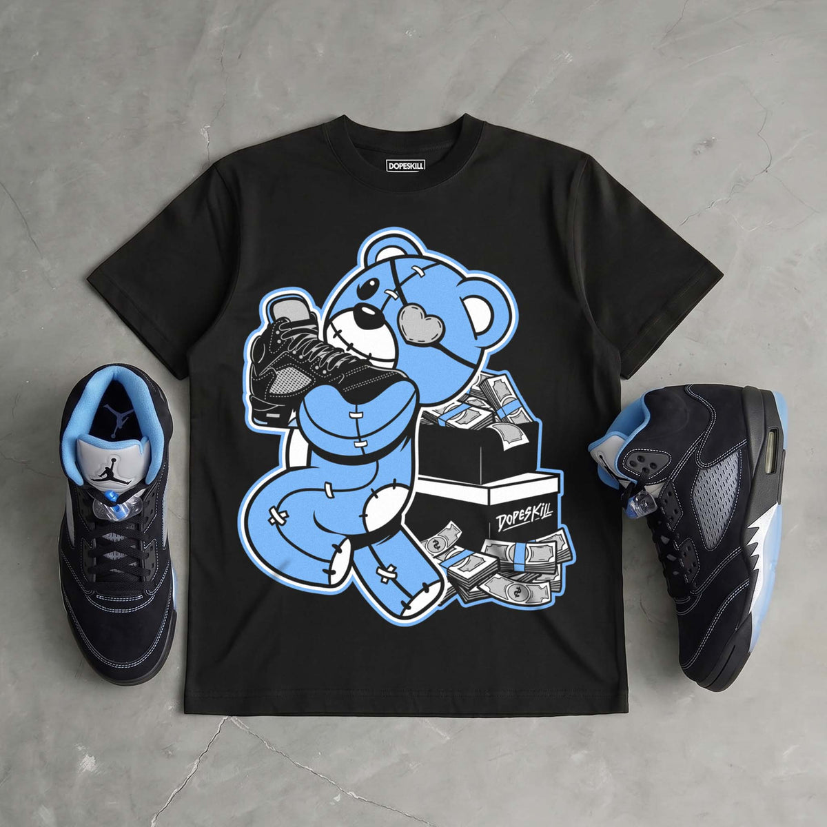 Black University Blue 5s DopeSkill T-Shirt Bear Steals Sneaker Graphic