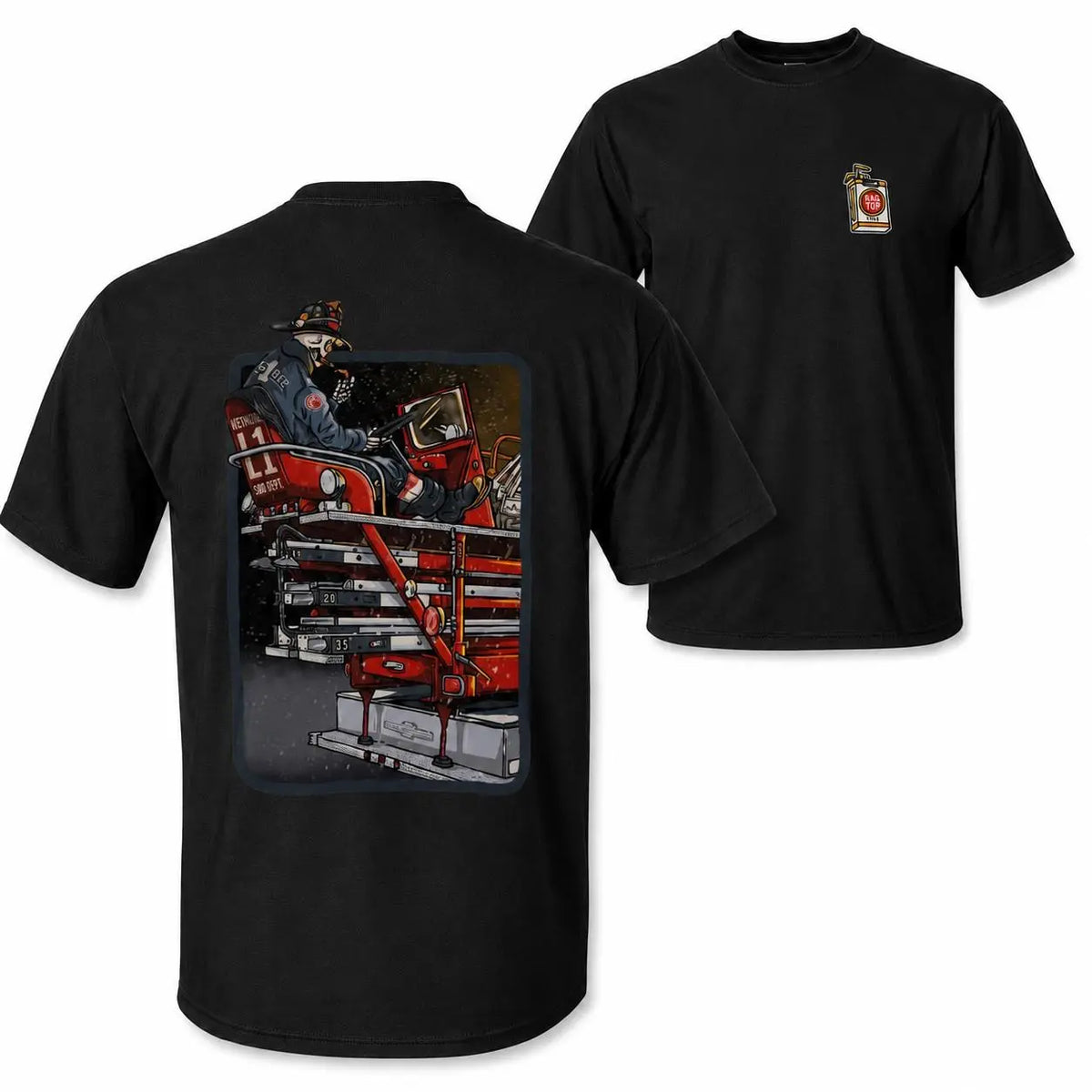 [MADE IN US] Men's Graphic Basic Tee - Preshrunk Cotton, Shoulder Tape, Double-Sided Detailed Ladder Truck & Fireman Graphic, Gift for Firefighters (Men's Tops for Firefighting Pros)